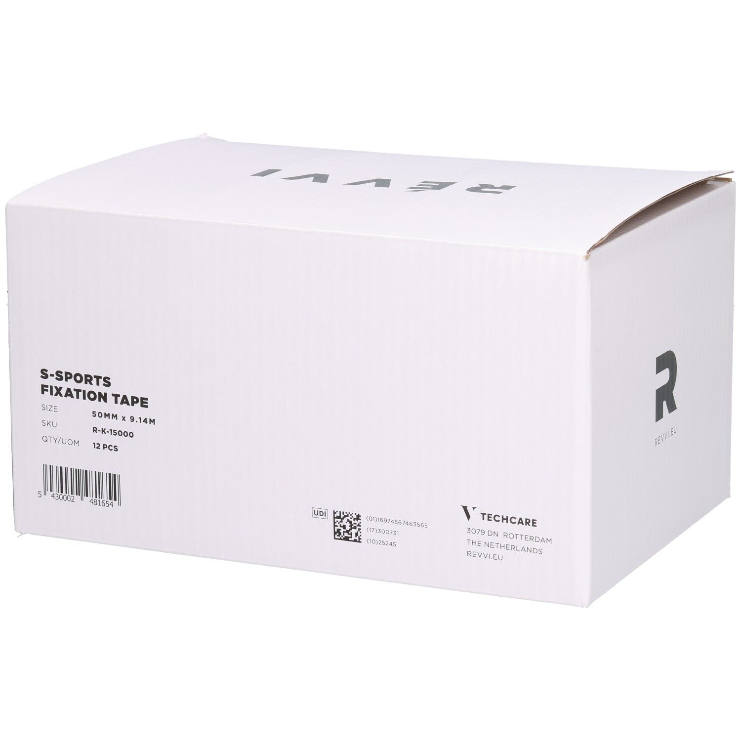 Weiße Box mit Aufschrift S-SPORTS FIXATION TAPE, 12 Stück, 50 mm x 9,14 m. Logo Révvi.