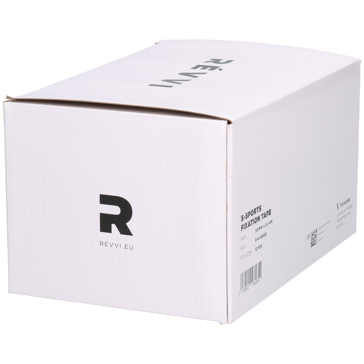 Weiße Box mit Aufschrift S-SPORTS FIXATION TAPE, 12 Stück, 50 mm x 9,14 m. Logo Révvi.