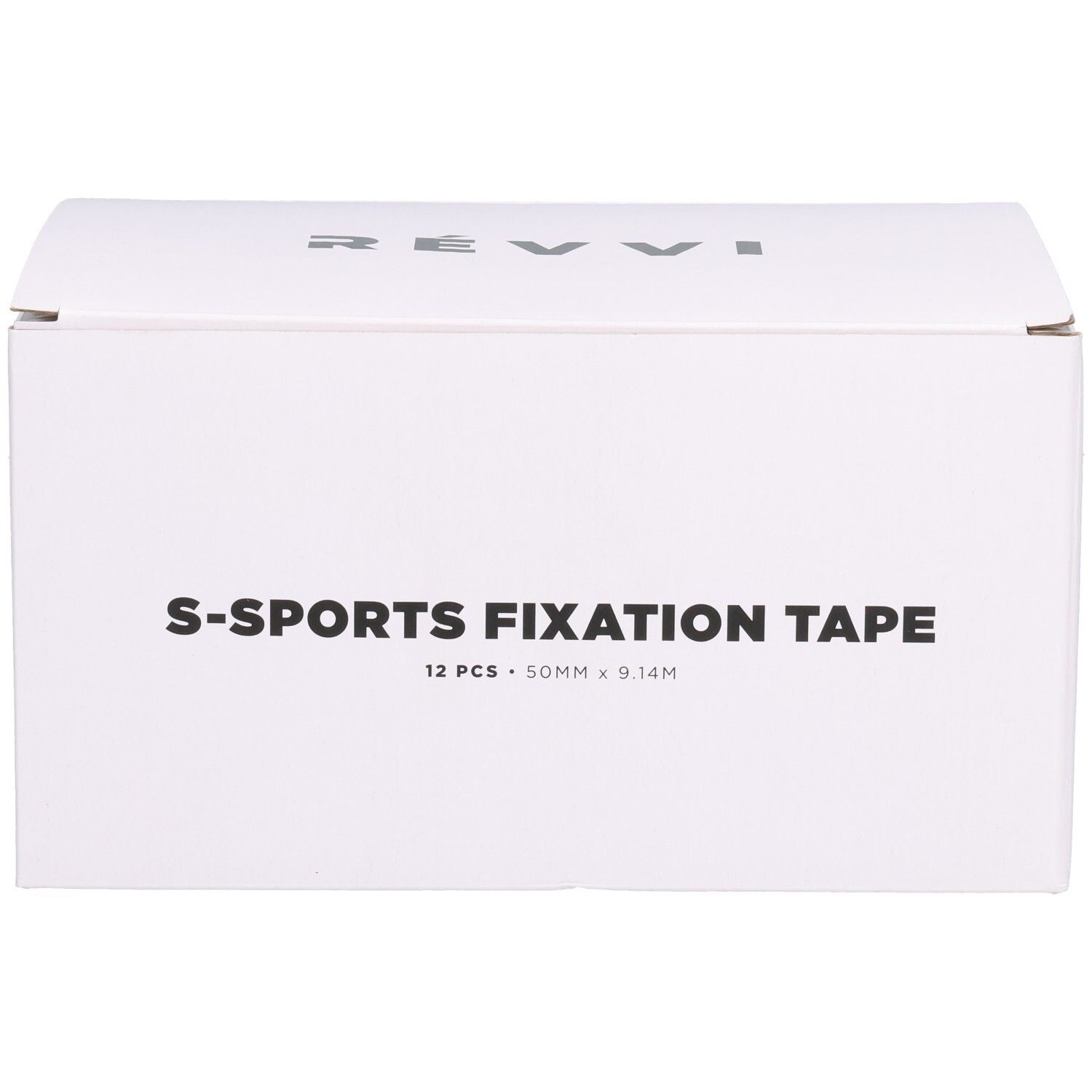 Weiße Box mit Aufschrift S-SPORTS FIXATION TAPE, 12 Stück, 50 mm x 9,14 m. Logo Révvi.