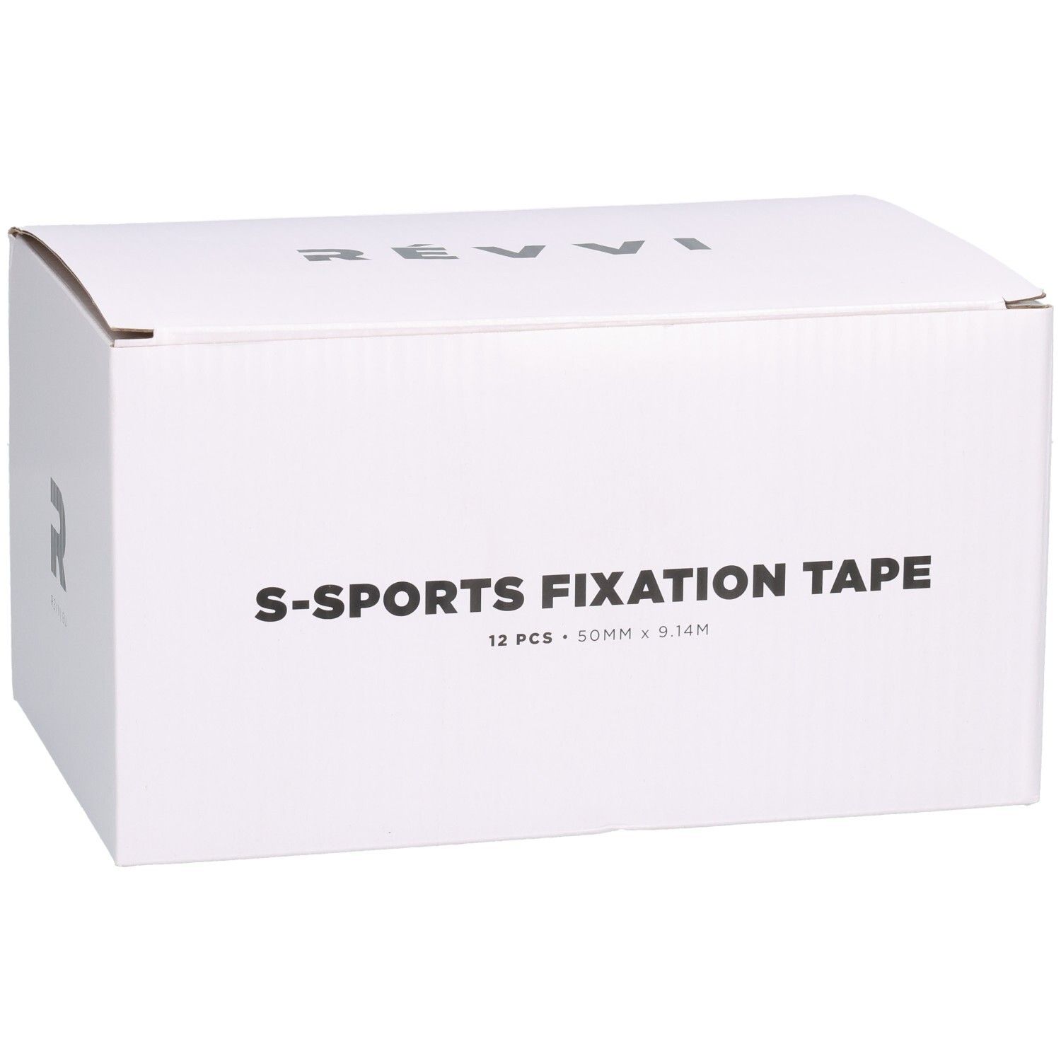 Weiße Box mit Aufschrift S-SPORTS FIXATION TAPE, 12 Stück, 50 mm x 9,14 m. Logo Révvi.