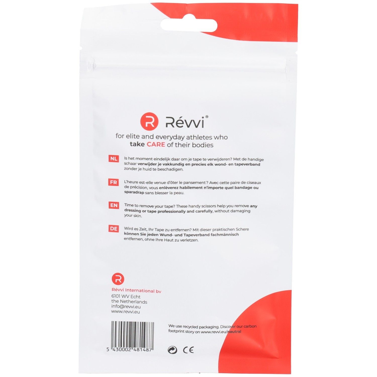 Rückseite der Verpackung. Text: RÉVVI, für Sportler. Texte in NL, FR, EN, DE. Logo RÉVVI. Informationen zum Hersteller.