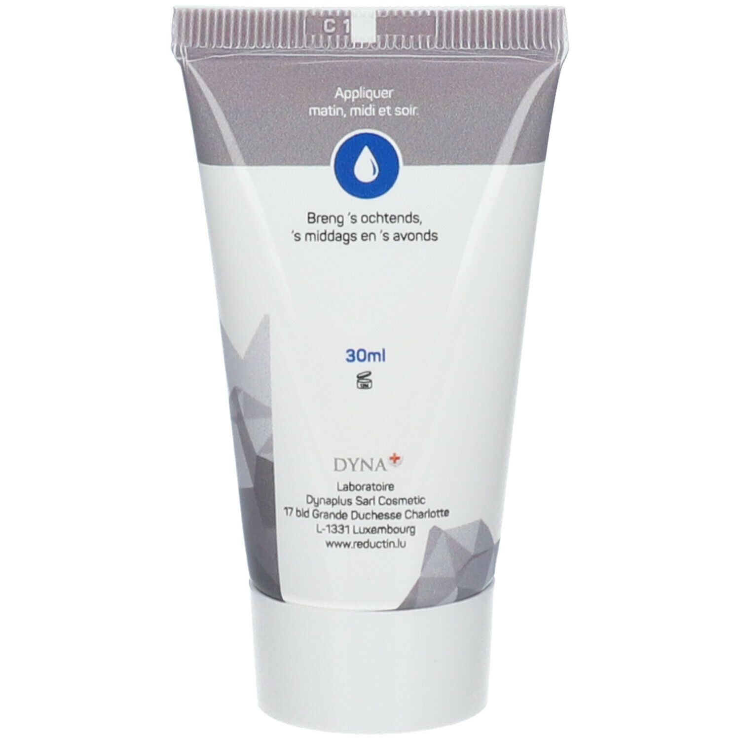 Dos du tube de crème. Contient des instructions d'utilisation et l'indication 30 ml. Logo Dynaplus.