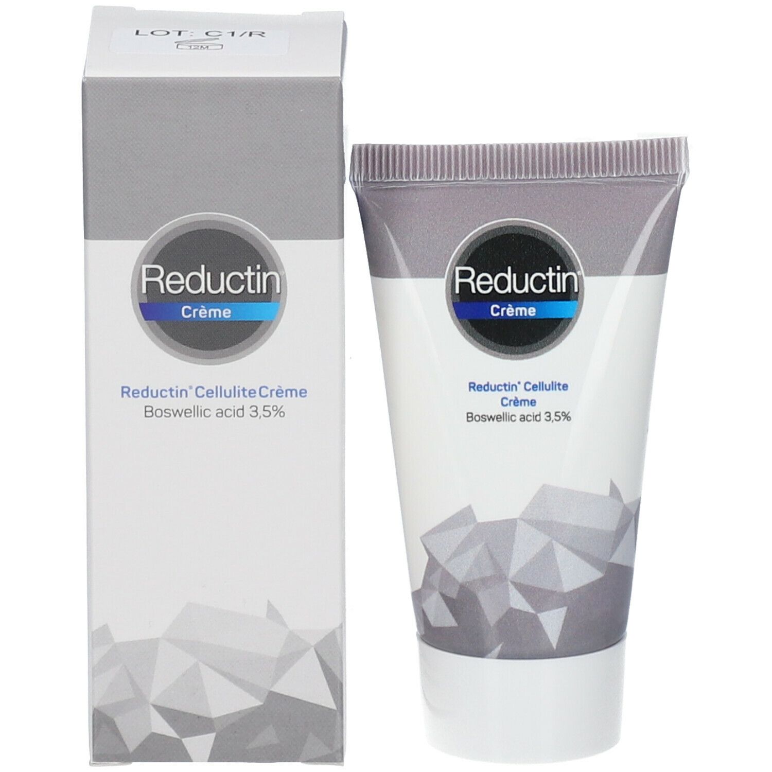Emballage du produit avec tube de crème et boîte. Les deux affichent Reductin Crème et acide boswellique 3,5%.