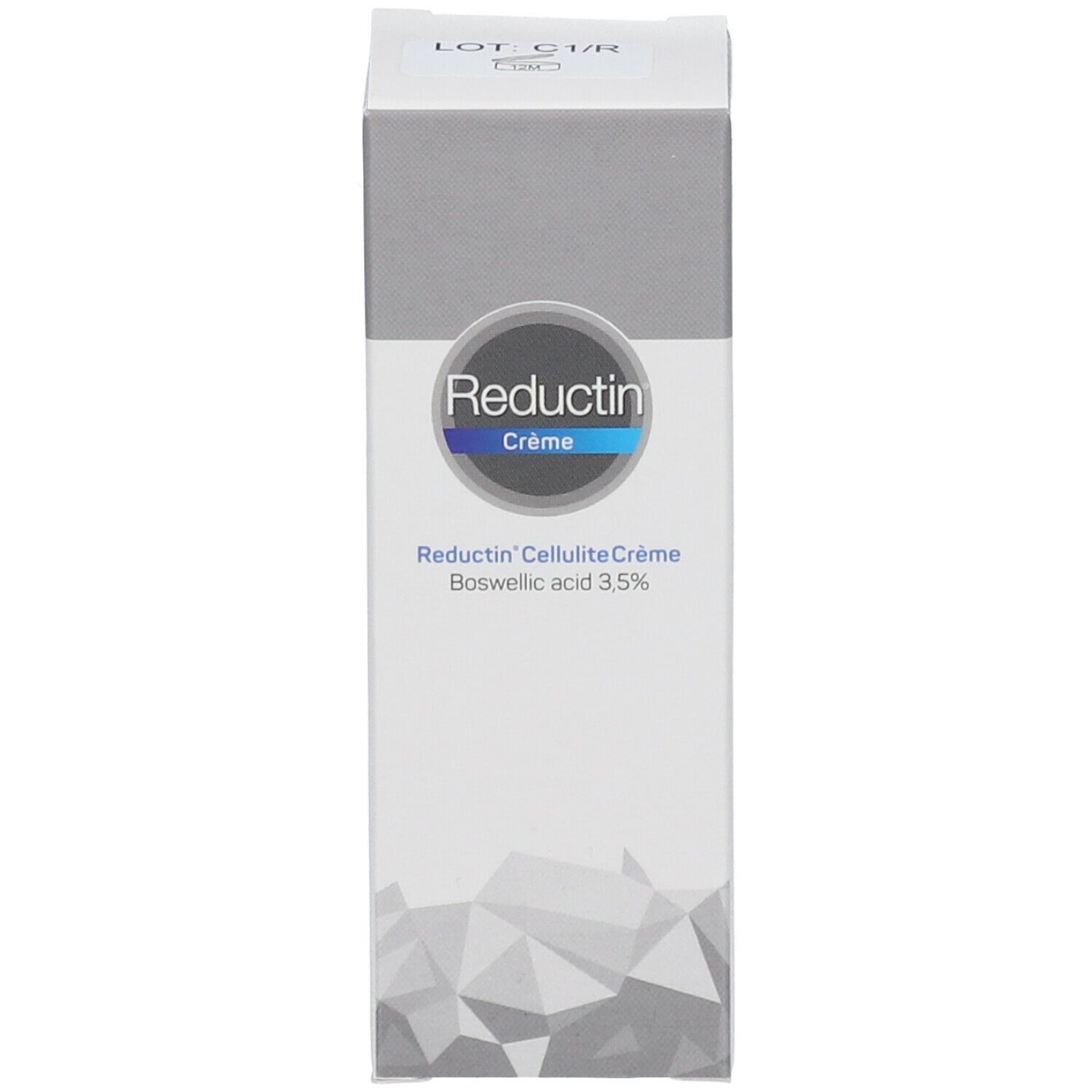 Emballage en carton avec Reductin Crème. Contient de l'acide boswellique 3,5%. Couleurs grise et blanche.