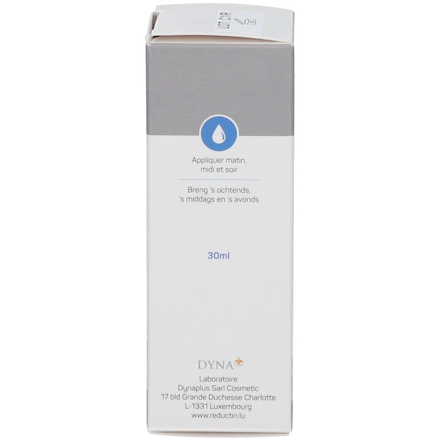 Dos de l'emballage en carton. Contient des instructions d'utilisation et 30 ml. Logo Dynaplus.
