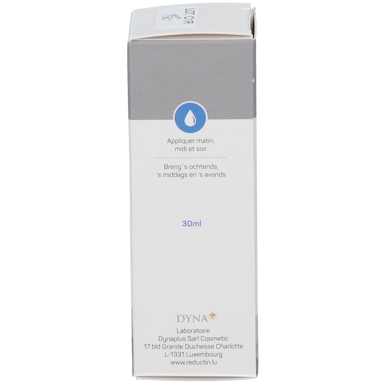 Dos de l'emballage en carton. Contient des instructions d'utilisation et 30 ml. Logo Dynaplus.