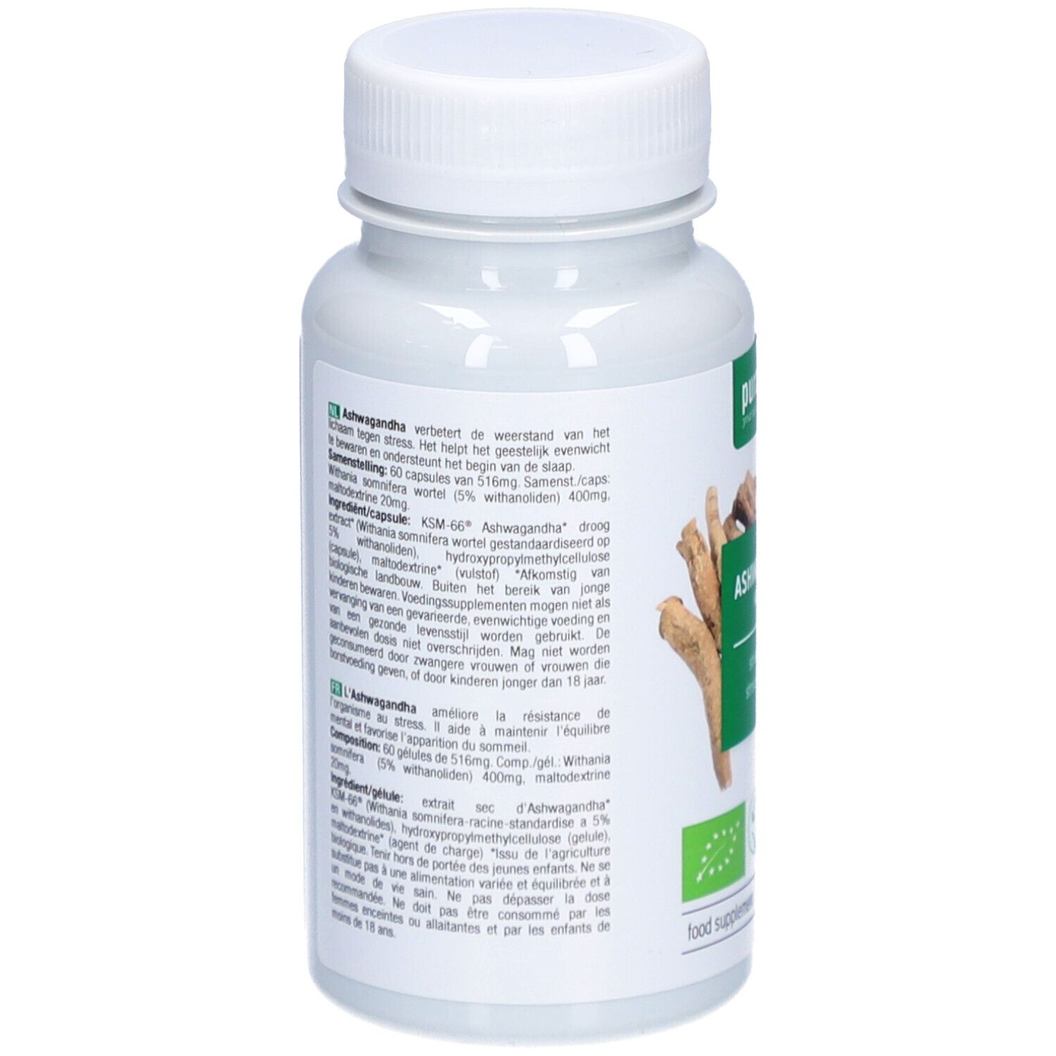 Rückseite der weißen Flasche. Text in mehreren Sprachen. Ashwagandha-Wurzeln abgebildet.