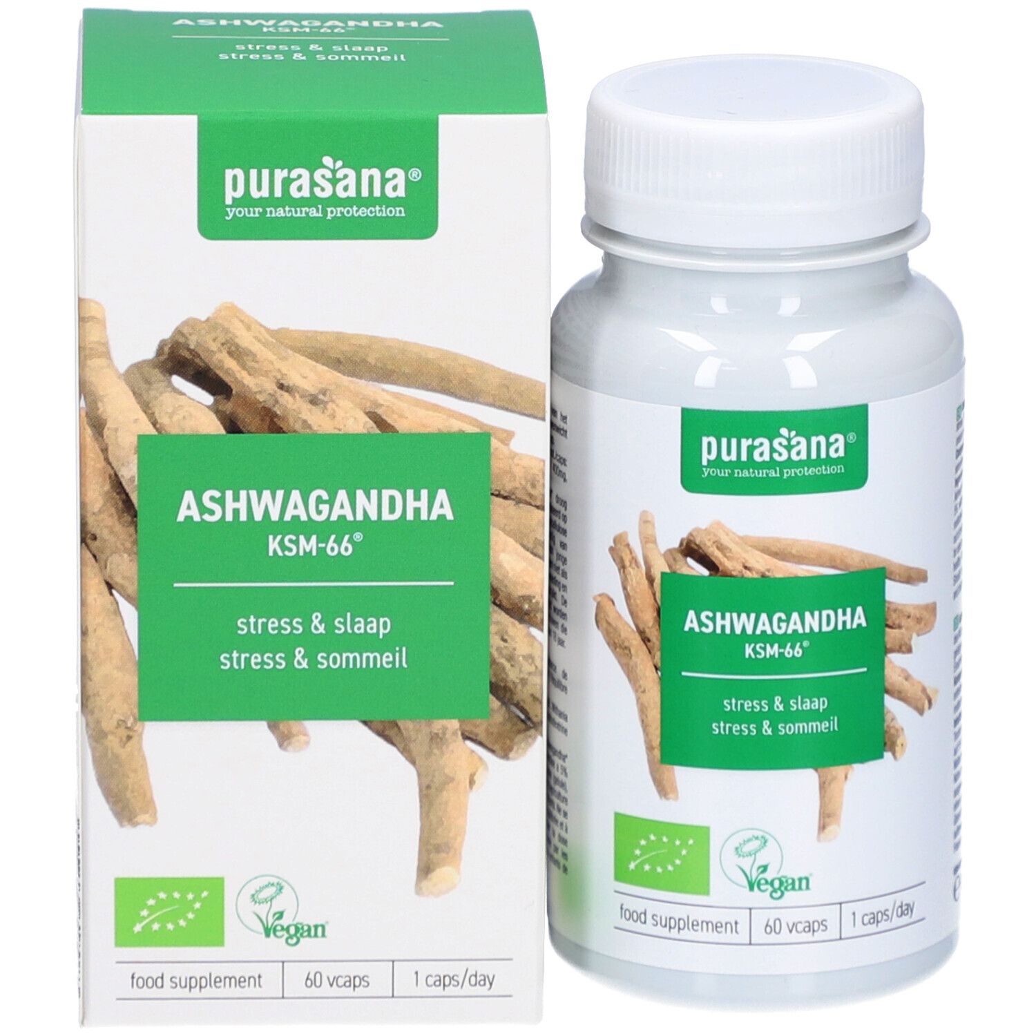 Produktverpackung: Schachtel und Flasche. Ashwagandha-Kapseln. Vegan-Siegel.