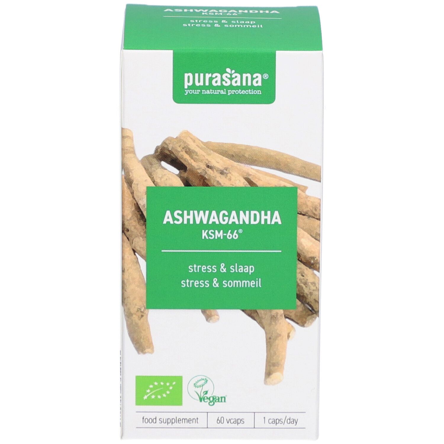 Produktverpackung: Schachtel. Ashwagandha-Kapseln. Vegan-Siegel.