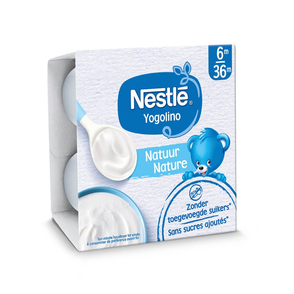 Verpackung mit 4 Bechern Yogolino Naturjoghurt. Blaue Schrift, Bär-Illustration. Altersempfehlung: 6-36 Monate.