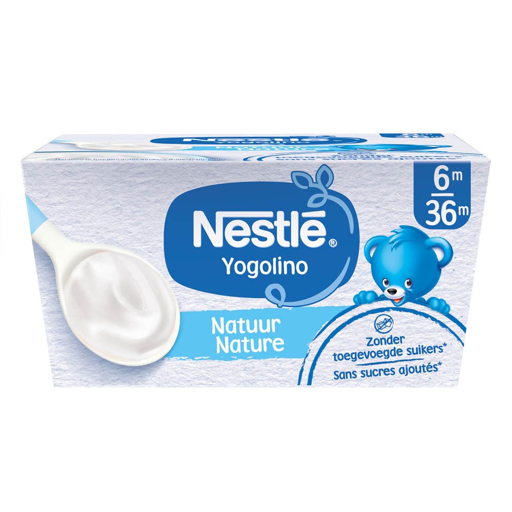 Verpackung Yogolino Naturjoghurt. Blaues Logo, Bär-Illustration. Altersempfehlung: 6-36 Monate. Ohne Zuckerzusatz.