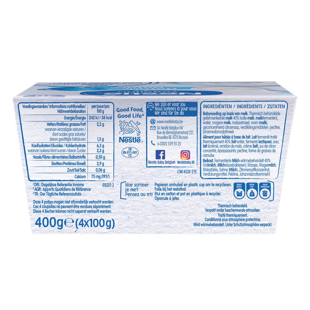 Rückseite der Yogolino-Verpackung. Informationen zu Nährwerten, Zutaten, Kontaktinformationen und Recycling-Symbolen.