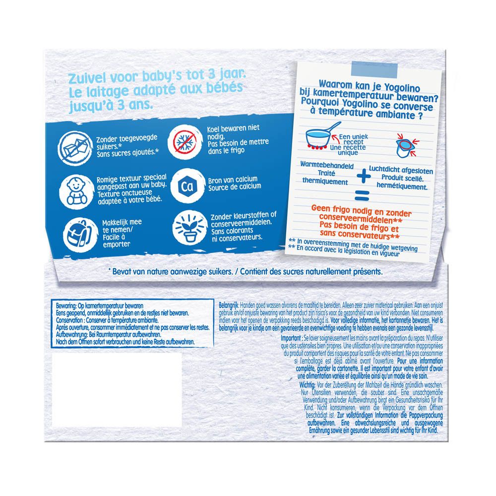 Rückseite der Yogolino-Verpackung. Informationen zur Aufbewahrung, Inhaltsstoffe und Zertifizierungen.