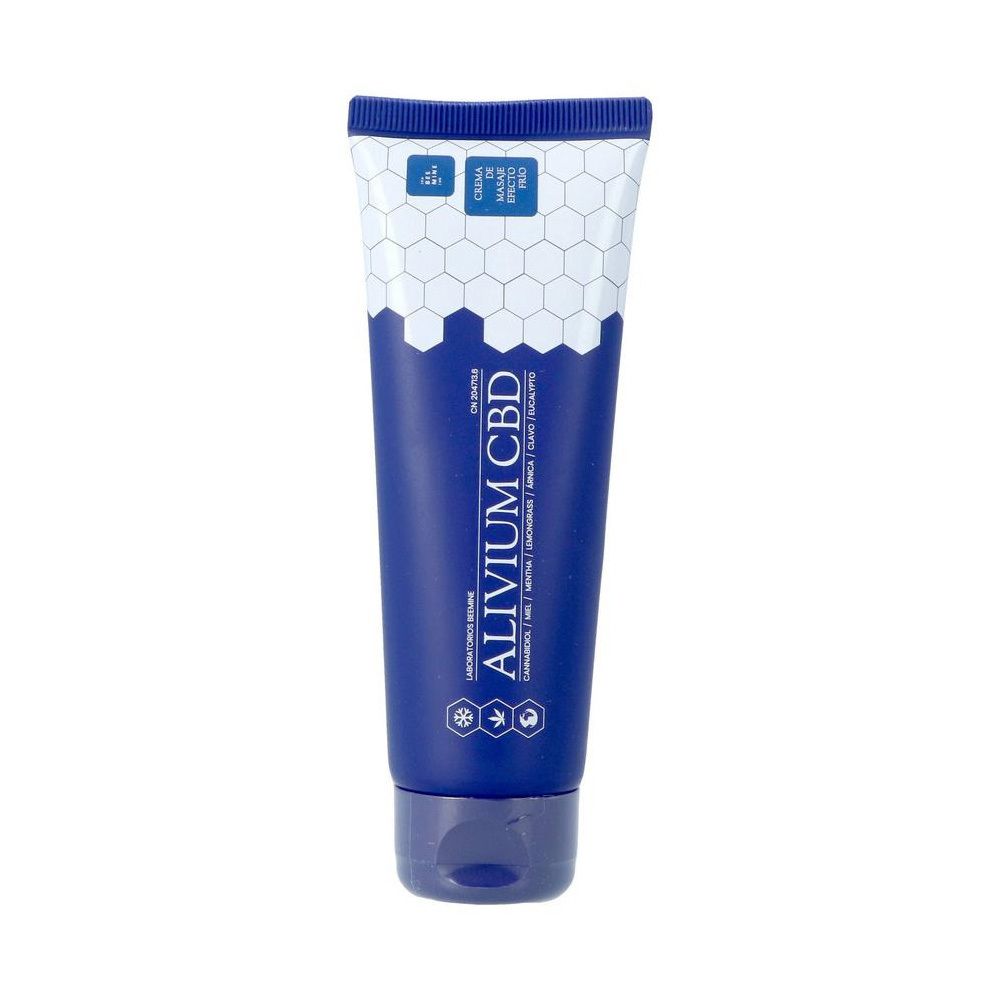 Blaue Tube mit weißem Deckel. Aufschrift: Alivium CBD, Laboratoires Beemine. Hexagonmuster.