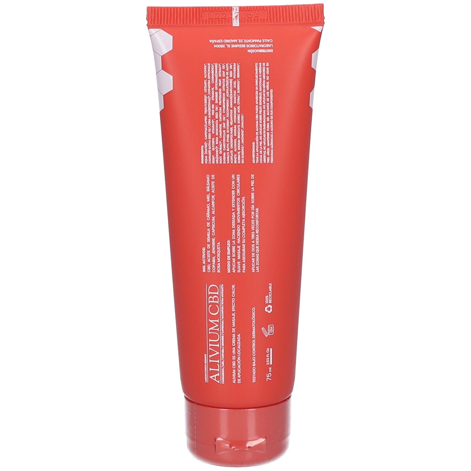 Tube rouge, verso. Texte: ALIVIUM CBD, ingrédients, mode d'emploi. Logo: abeille, symbole de recyclage.