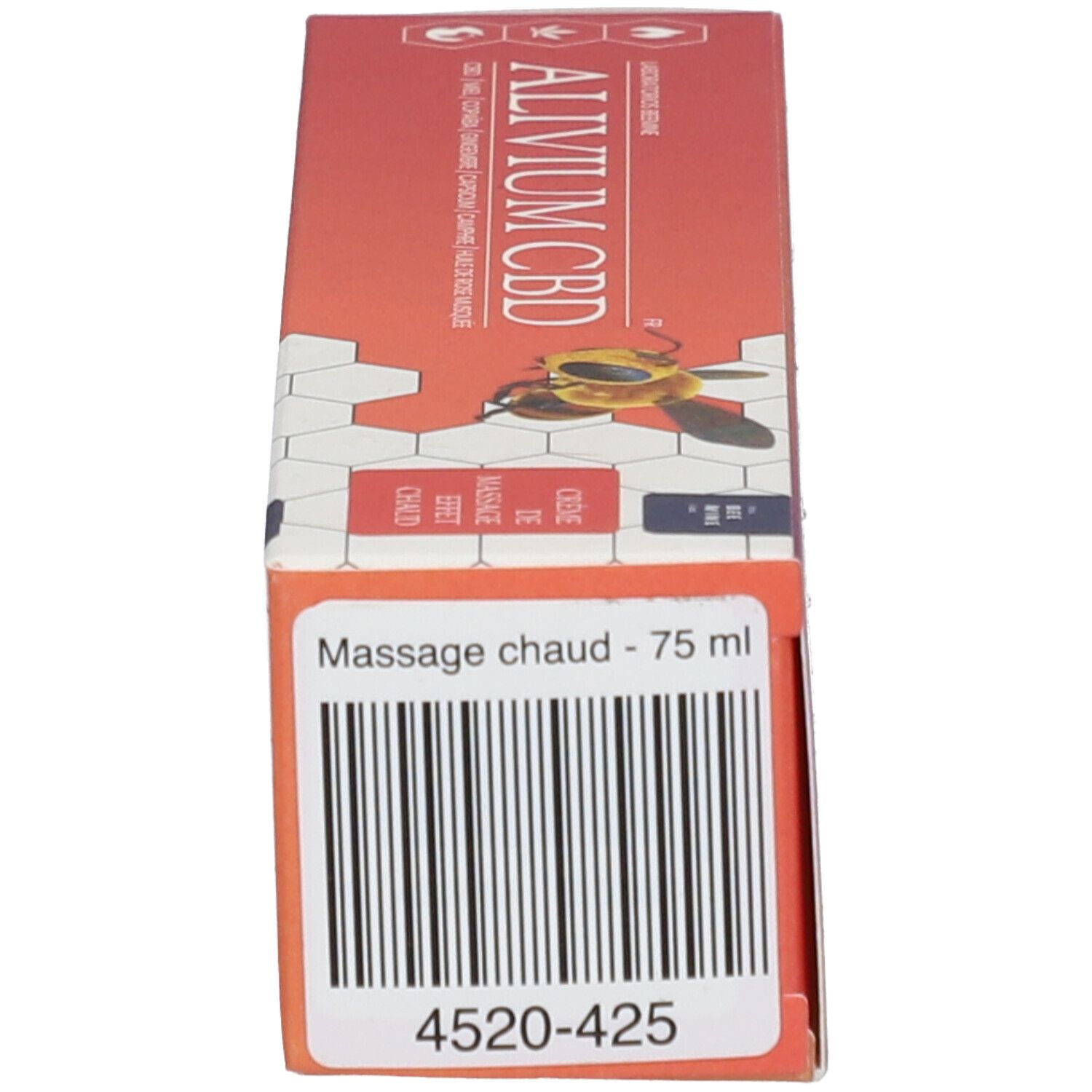 Emballage, dessous. Texte: Massage chaud - 75 ml. Code-barres et code produit.
