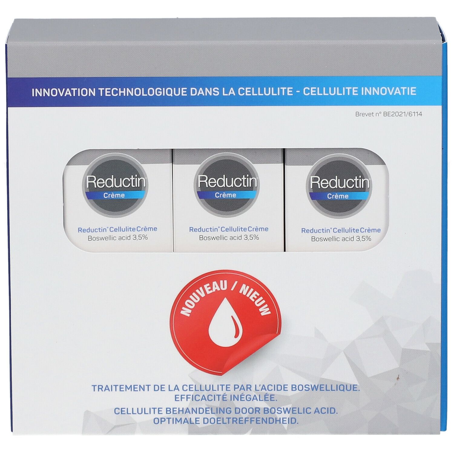 Boîte avec trois crèmes. Fenêtre montrant trois crèmes "Reductin Crème". Autocollant rouge avec goutte et "Nouveau/Nieuw".