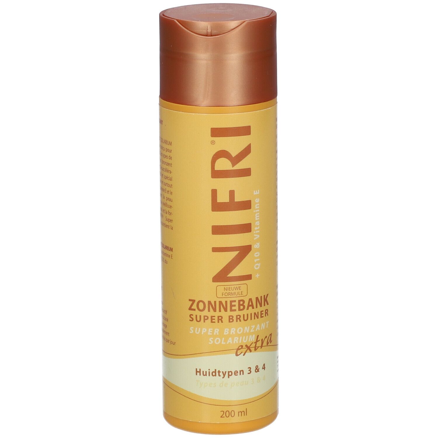 Cilindrische fles met bruine dop. Opschrift: NIFRI, Zonnebank Super Bruiner, extra, huidtypen 3 & 4, 200 ml.
