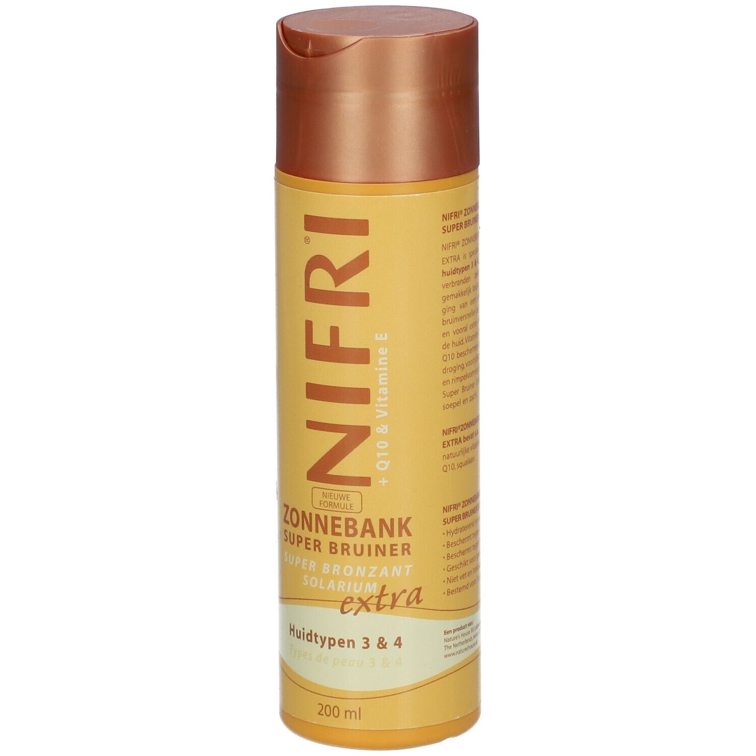 Cilindrische fles met bruine dop. Opschrift: NIFRI, Zonnebank Super Bruiner, extra, huidtypen 3 & 4, 200 ml.