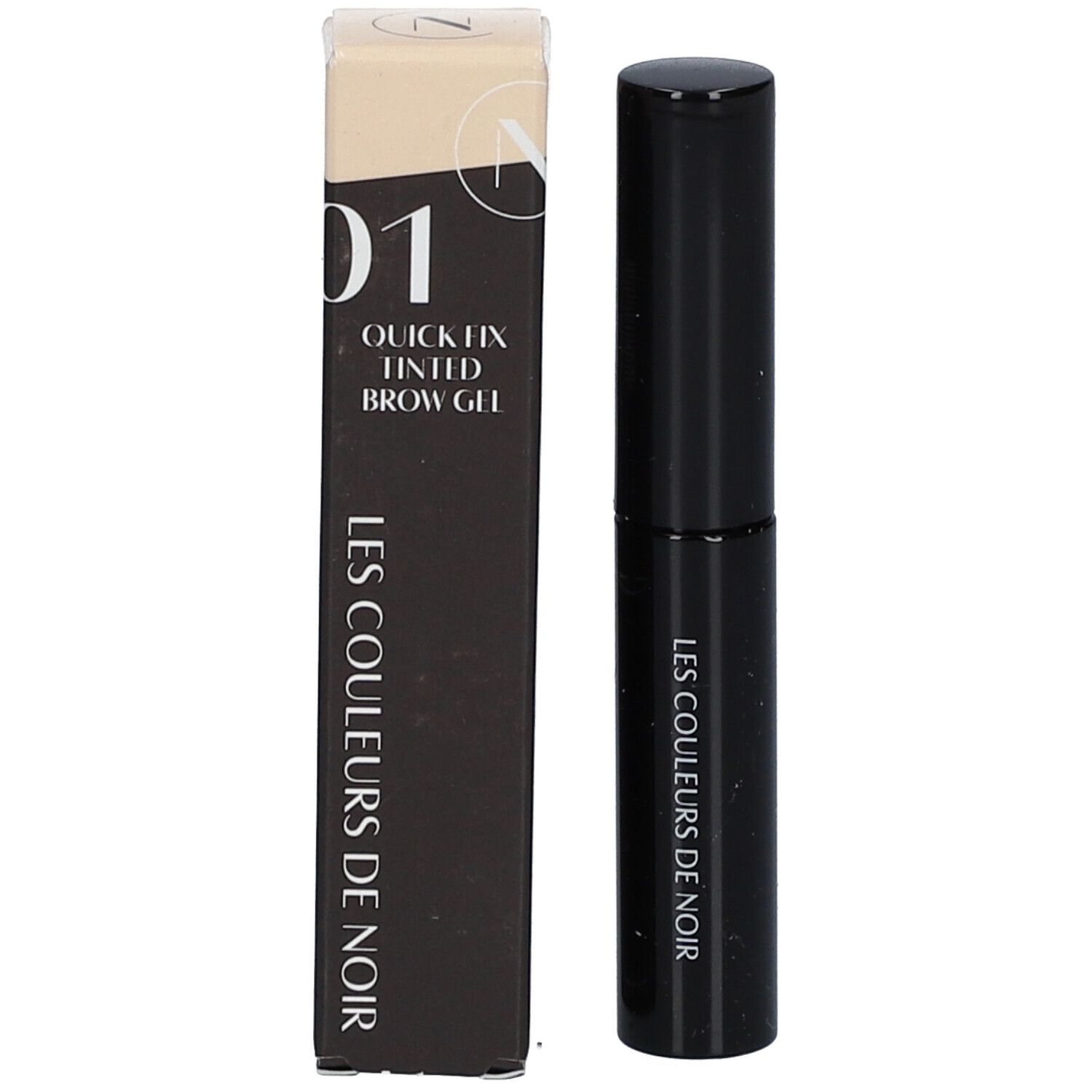 Emballage produit avec tube et boîte. Inscription: LES COULEURS DE NOIR, 01 Quick Fix.
