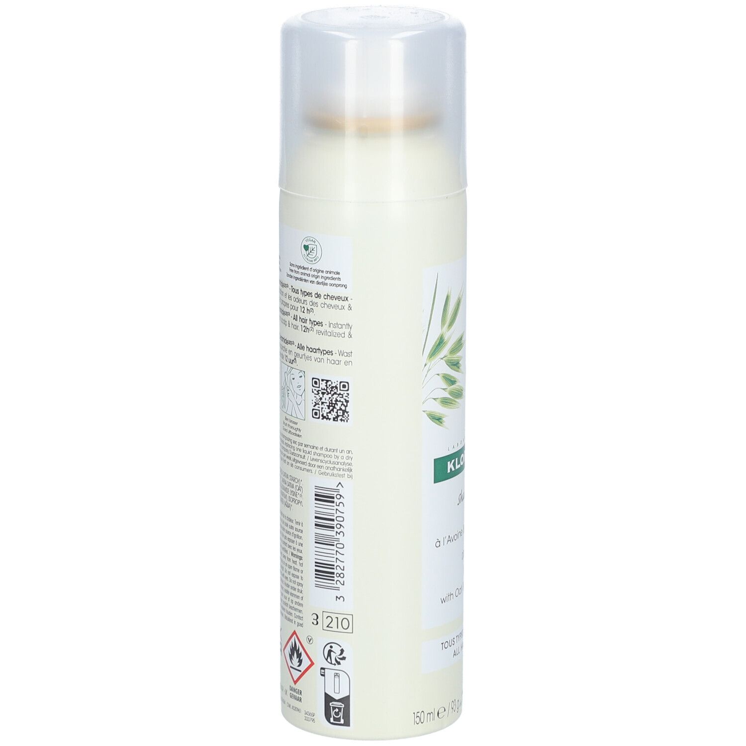 Achterkant van de droogshampoo sprayfles. Tekst en symbolen. Bevat haver en ceramiden.