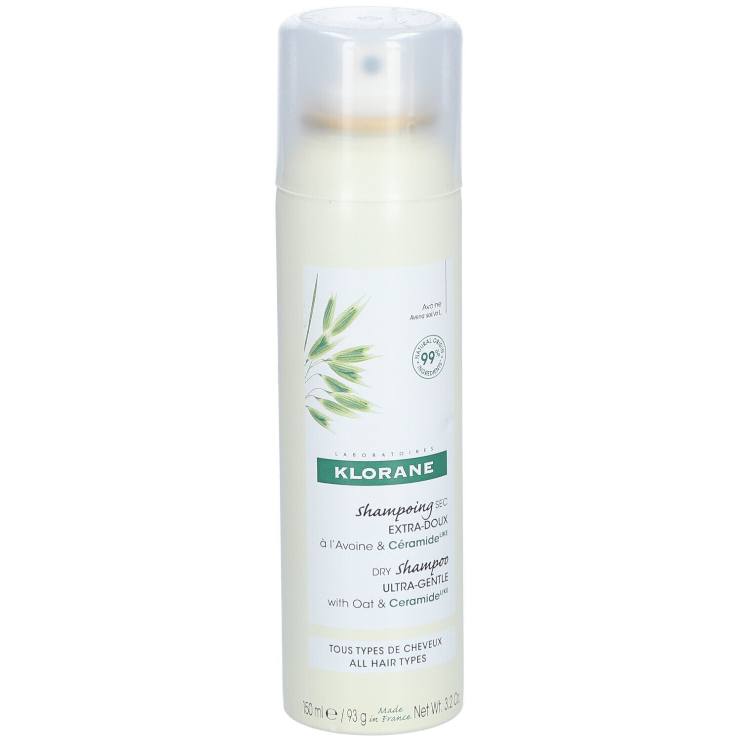 Droogshampoo sprayfles. Wit, met groen etiket. Bevat haver en ceramiden. Met verstuiver.
