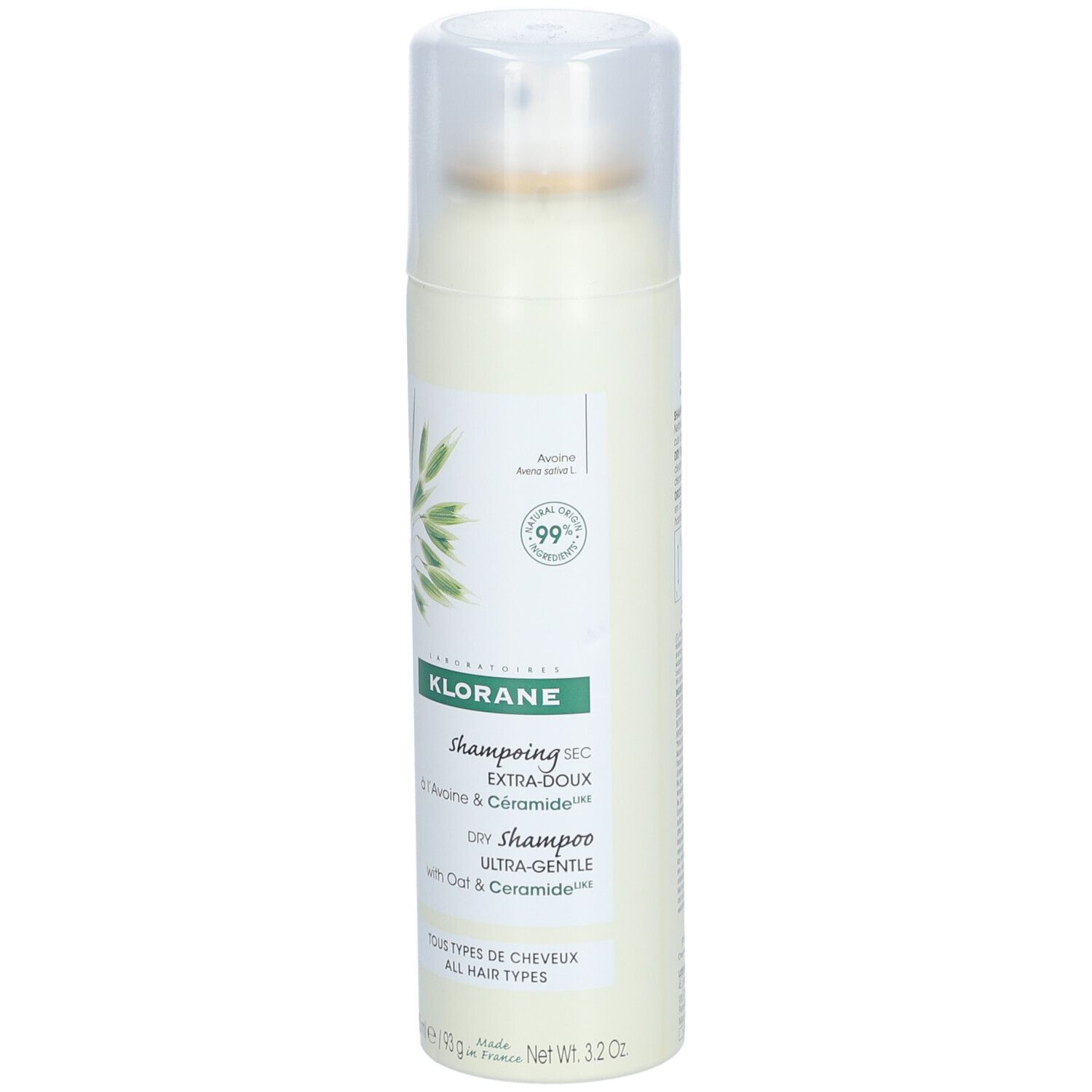Droogshampoo sprayfles. Wit, met groen etiket. Bevat haver en ceramiden. Met verstuiver.