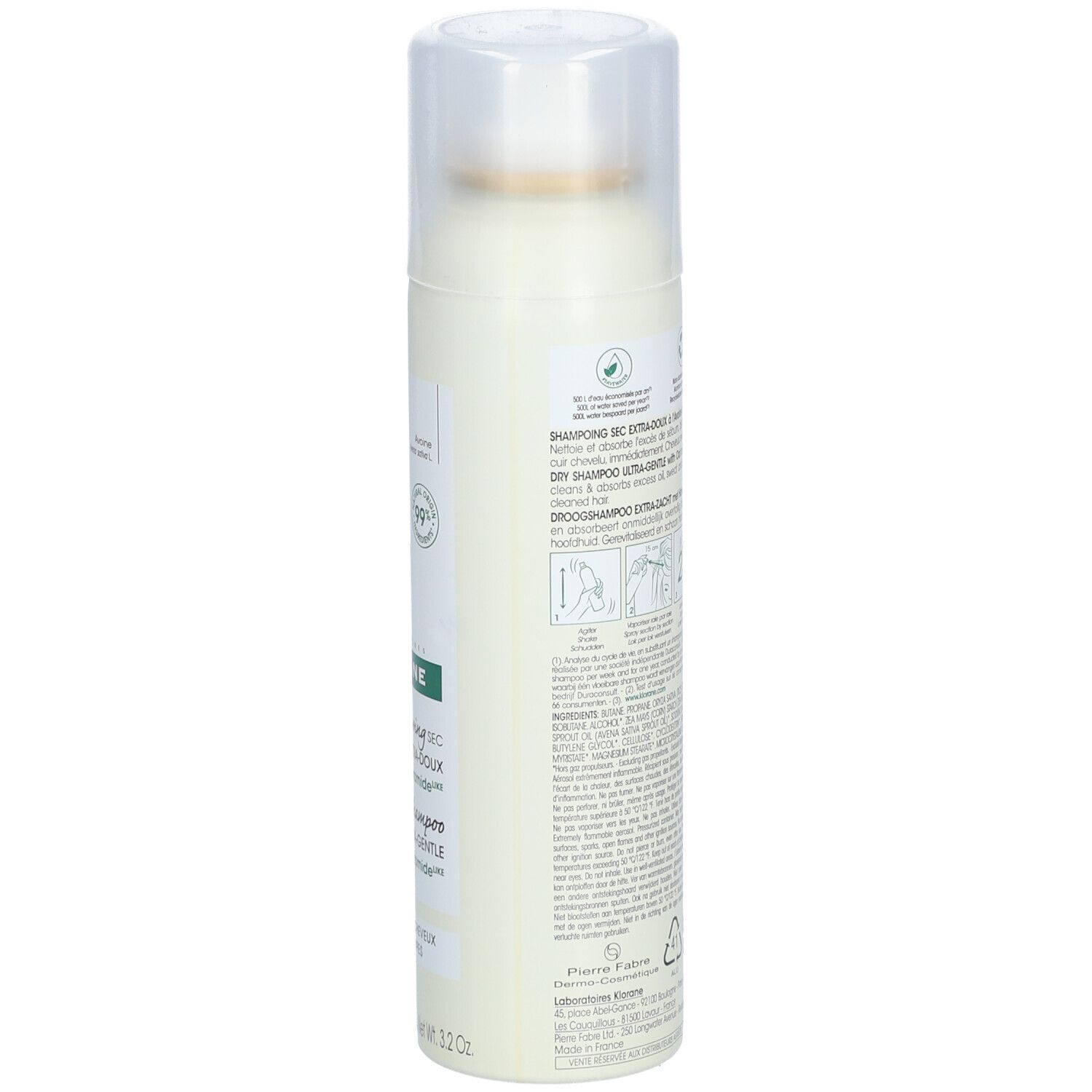 Achterkant van de droogshampoo sprayfles. Tekst en symbolen. Bevat haver en ceramiden.
