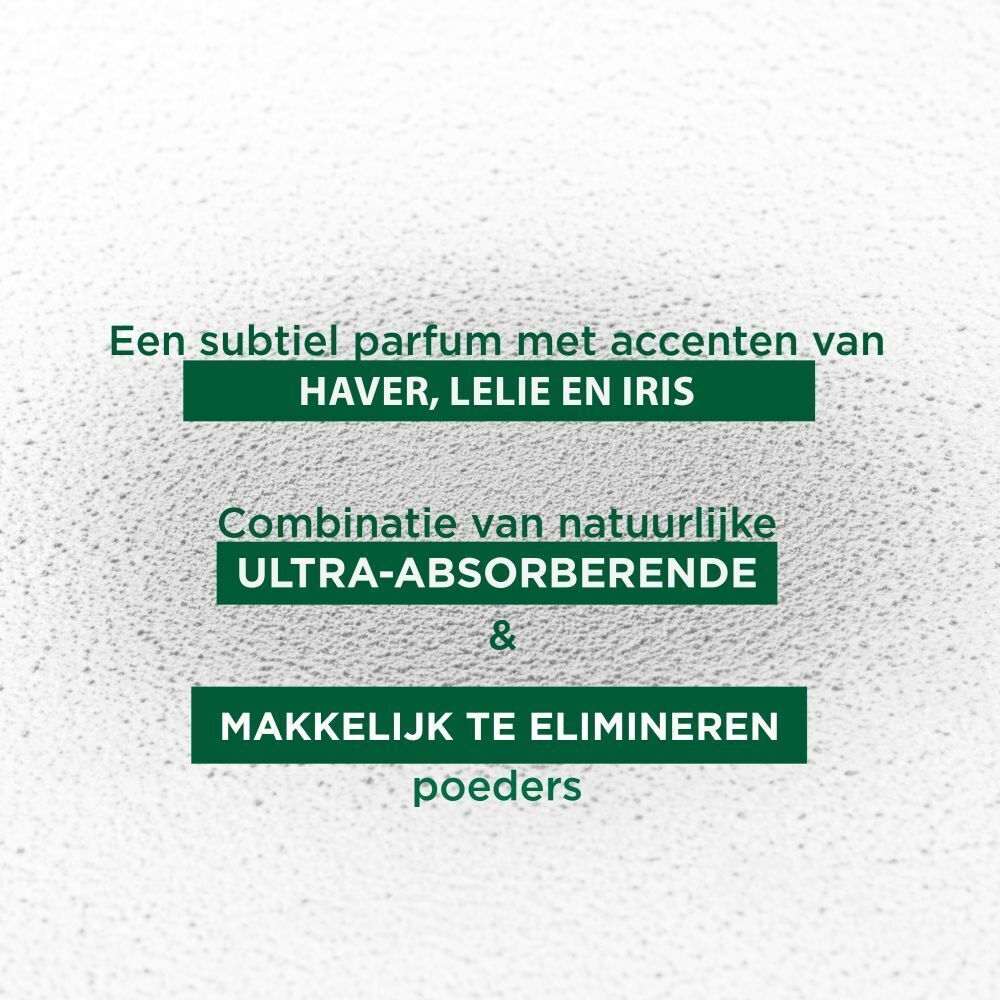 Productinformatie. Subtiele geur van haver, lelie en iris. Ultra-absorberende poeders.