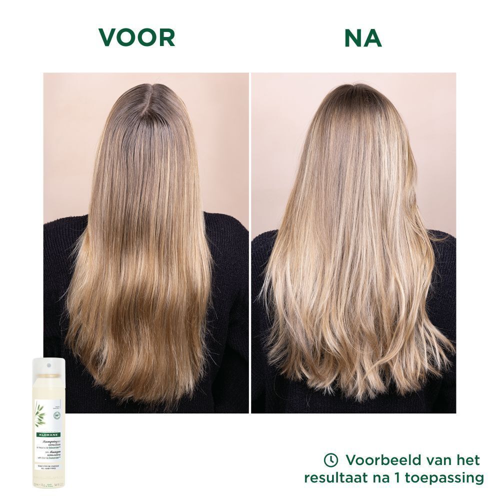 Voor-na vergelijking. Blond haar. Droogshampoo sprayfles onderaan.
