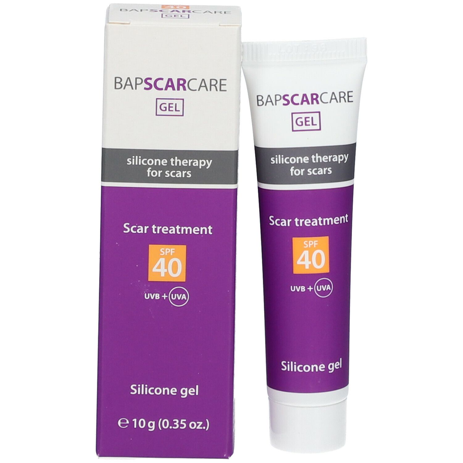 Schachtel und Tube BAPSCARCARE Gel. Silikontherapie für Narben, SPF 40. Weiß, grau und lila. 10g (0.35 oz).