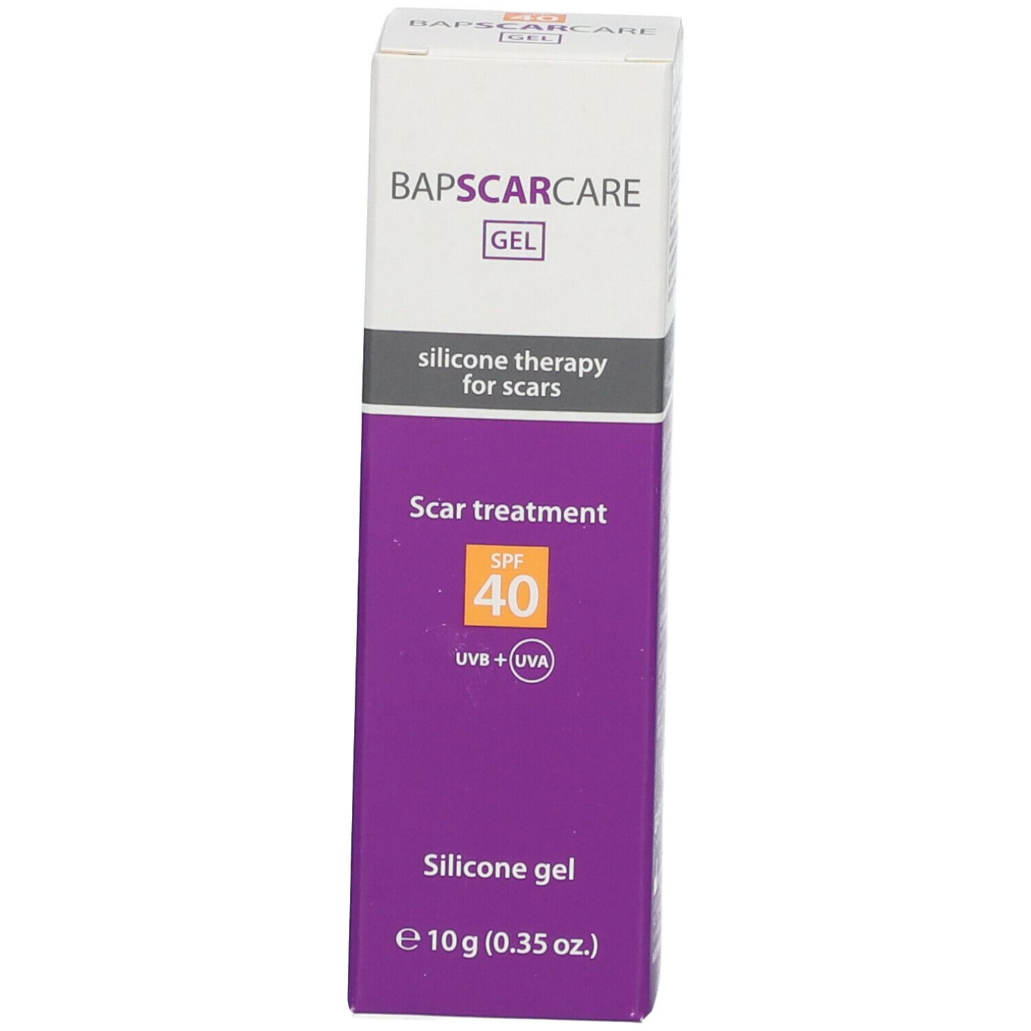 Schachtel BAPSCARCARE Gel. Silikontherapie für Narben, SPF 40. Weiß, grau und lila. 10g (0.35 oz).