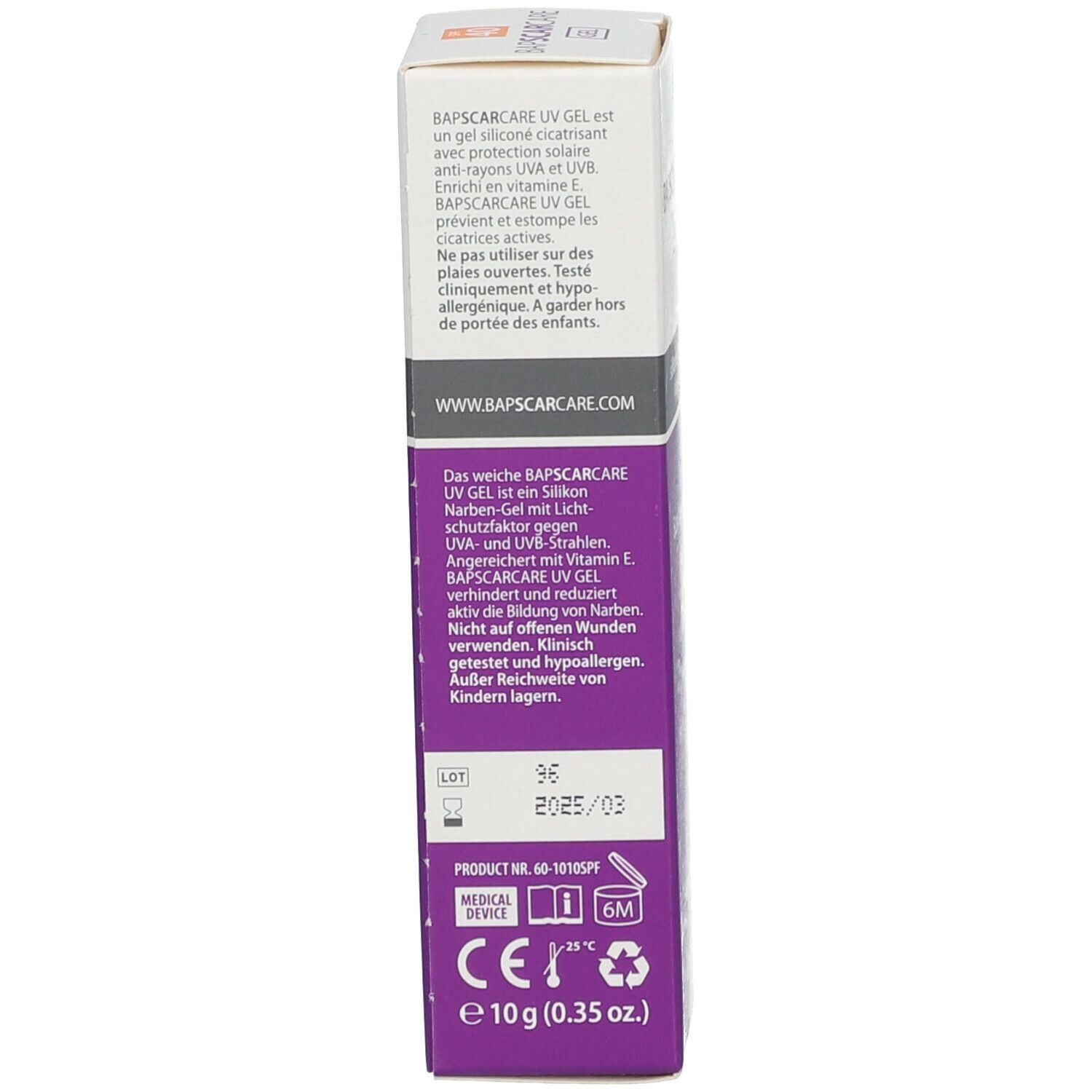 Rückseite der Schachtel mit Produktinformationen. Marke BAPSCARCARE. 10g (0.35 oz).