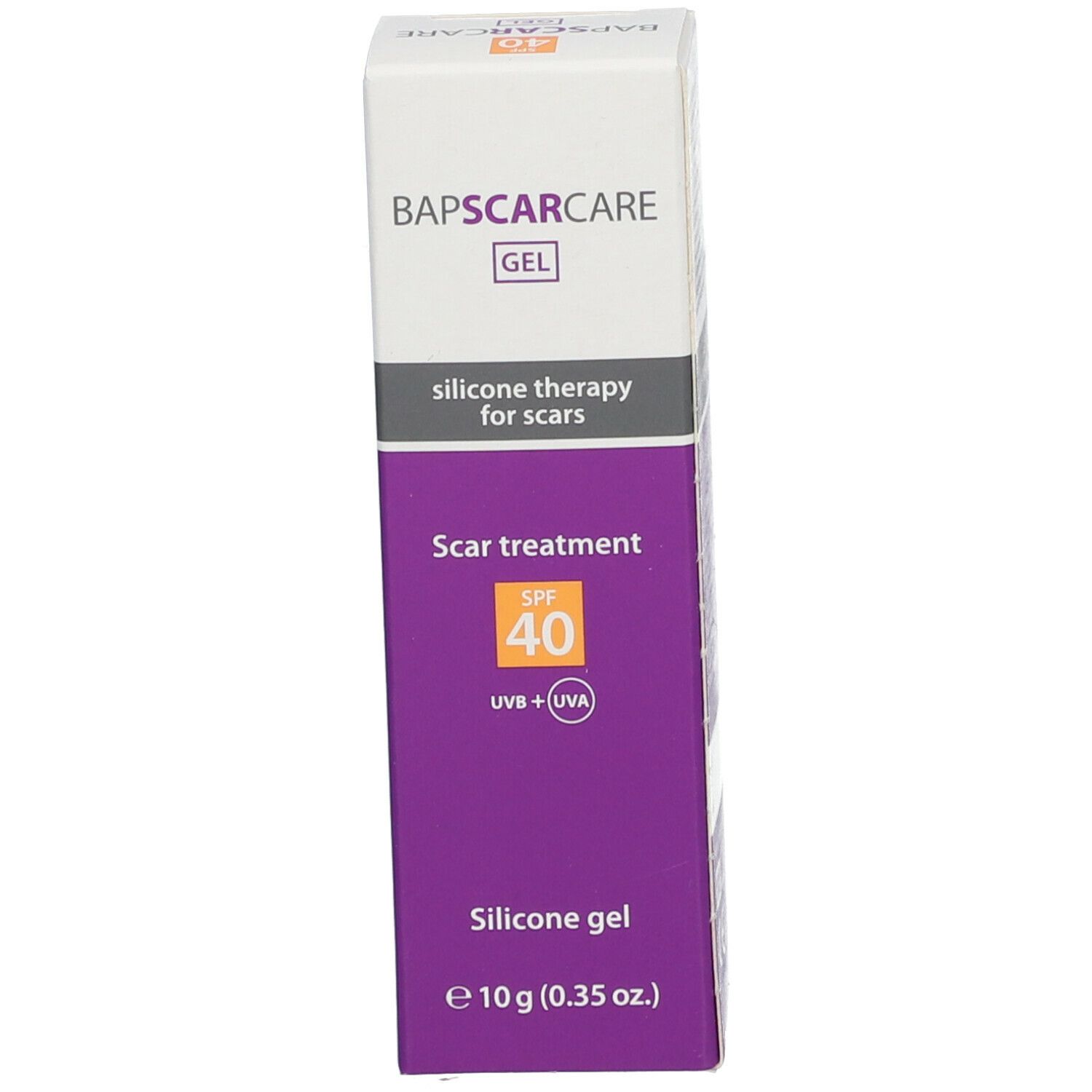 Schachtel BAPSCARCARE Gel. Silikontherapie für Narben, SPF 40. Weiß, grau und lila. 10g (0.35 oz).