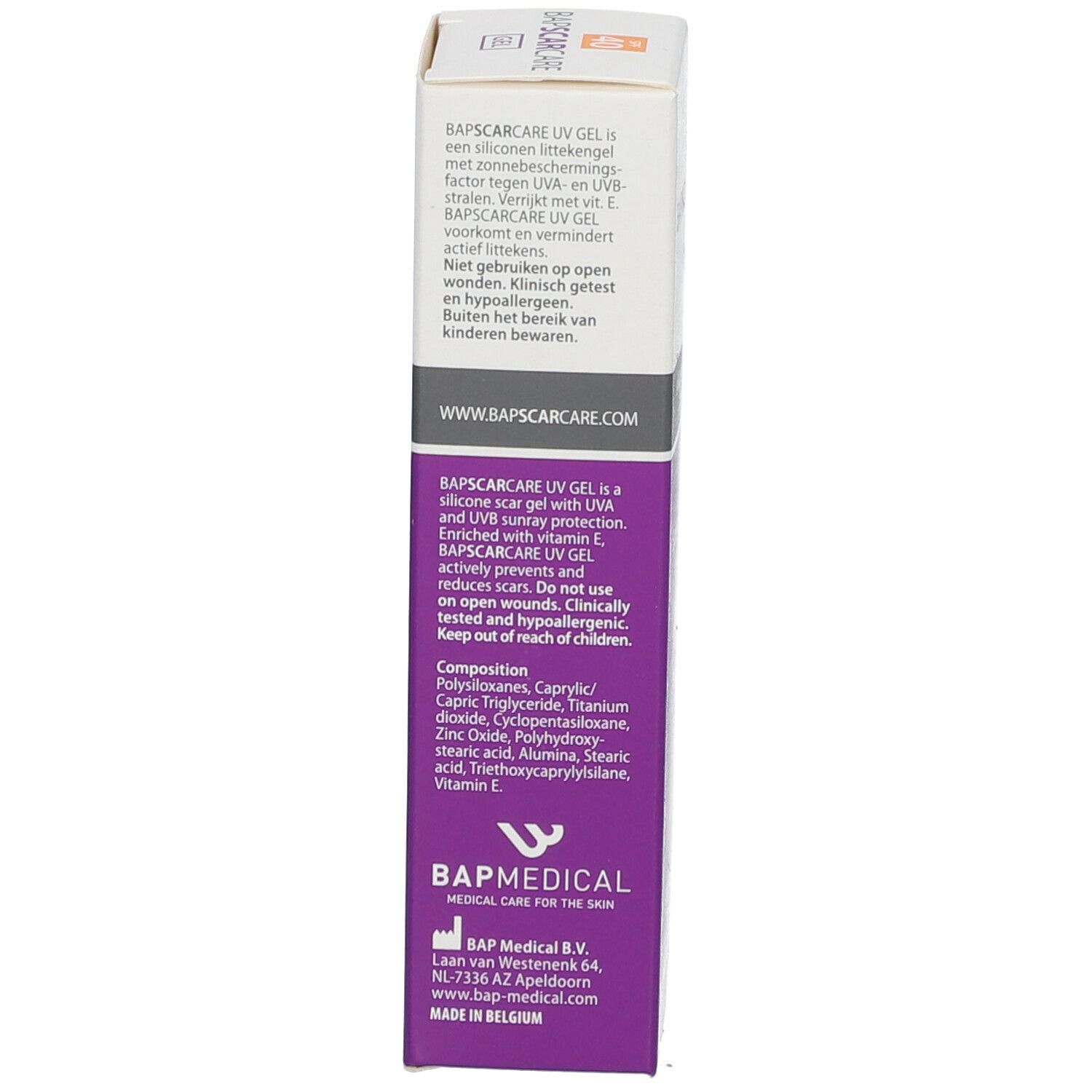Rückseite der Schachtel mit Produktinformationen. Marke BAPSCARCARE. 10g (0.35 oz).
