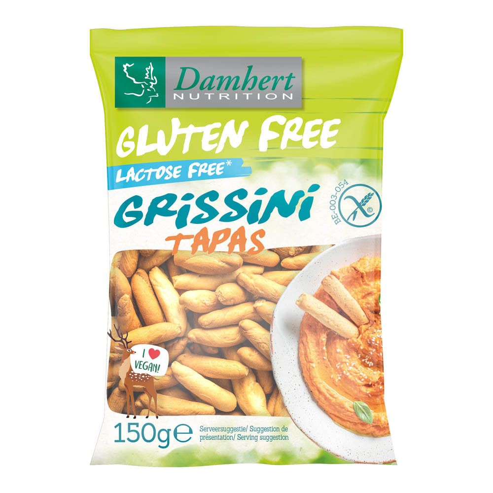 Verpakking van Damhert Gluten Free Grissini Tapas. Transparant venster toont grissini. Groen-wit design, glutenvrij logo.