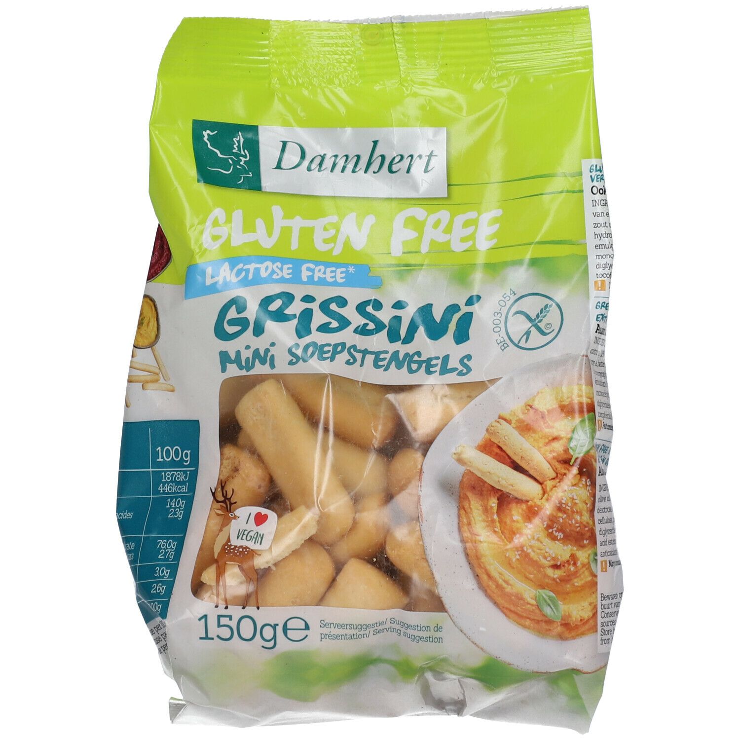 Verpakking van Damhert Gluten Free MINI Grissini. Transparant venster toont grissini. Groen-wit design, glutenvrij logo.