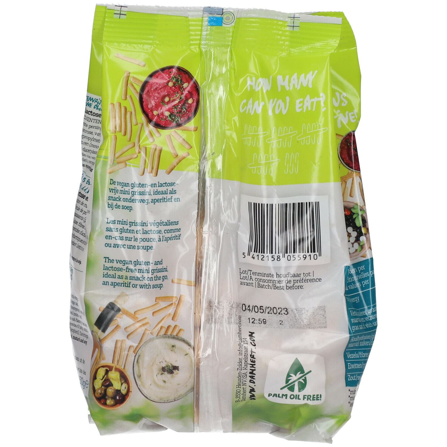 Achterkant van de Damhert Gluten Free MINI Grissini verpakking. Meertalige tekst, barcode, houdbaarheidsdatum, palmolievrij logo.