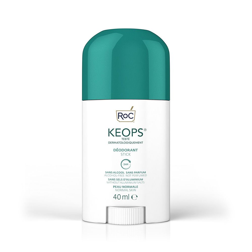 Stick déodorant RoC KEOPS. Récipient blanc, capuchon turquoise. Inscription: KEOPS, 24h, sans alcool, sans parfum, sans sels d'aluminium. 40 ml.