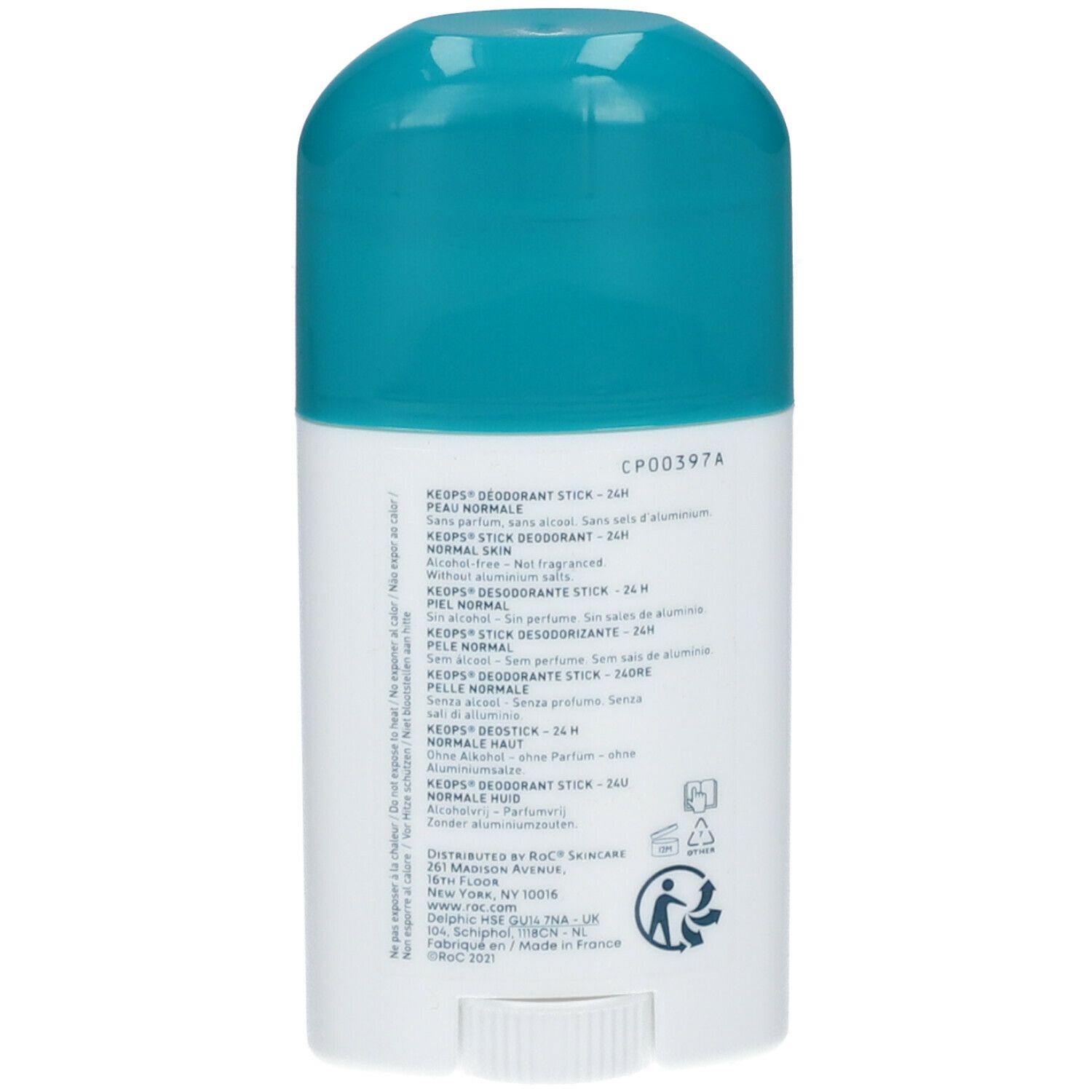 Dos du stick déodorant RoC KEOPS. Texte: KEOPS Déodorant Stick 24h, sans alcool, sans parfum, sans sels d'aluminium. 40 ml. Informations fabricant.