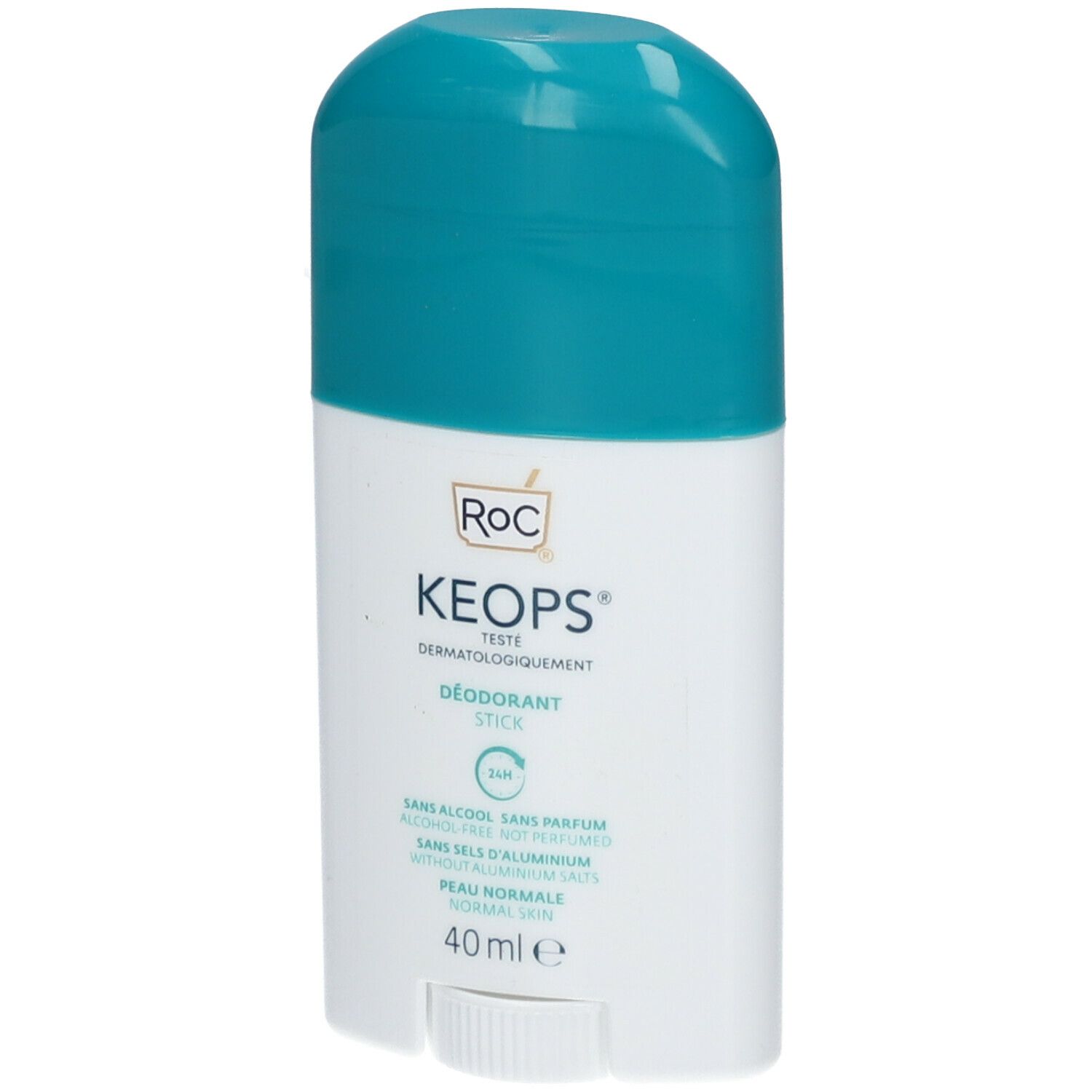 Stick déodorant RoC KEOPS. Récipient blanc, capuchon turquoise. Inscription: KEOPS, 24h, sans alcool, sans parfum, sans sels d'aluminium. 40 ml.