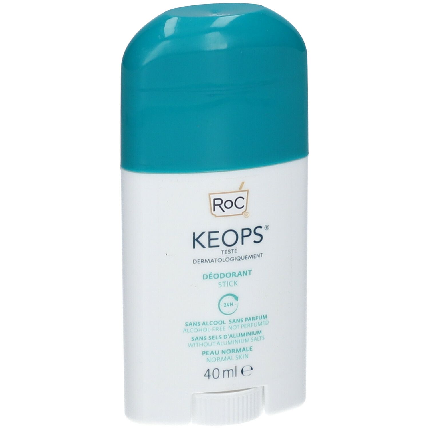 Stick déodorant RoC KEOPS. Récipient blanc, capuchon turquoise. Inscription: KEOPS, 24h, sans alcool, sans parfum, sans sels d'aluminium. 40 ml.