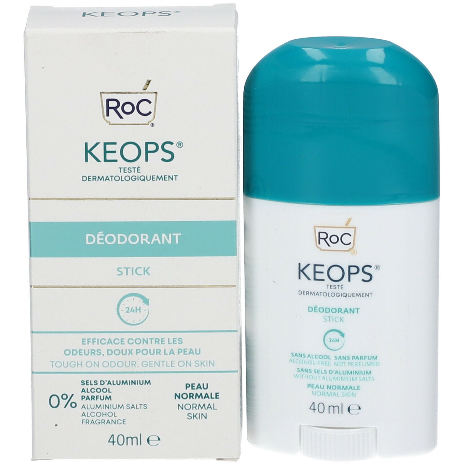 Stick déodorant RoC KEOPS et emballage. Récipient blanc, capuchon turquoise. Inscription: KEOPS, 24h, sans alcool, sans parfum. 40 ml. Emballage.