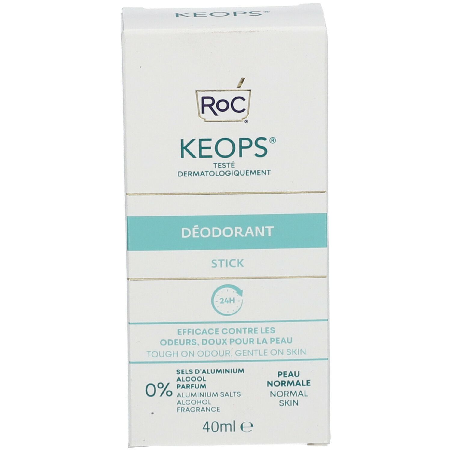Emballage du stick déodorant RoC KEOPS. Texte: KEOPS, Déodorant Stick, 24h, sans sels d'aluminium, sans alcool, sans parfum. 40 ml.