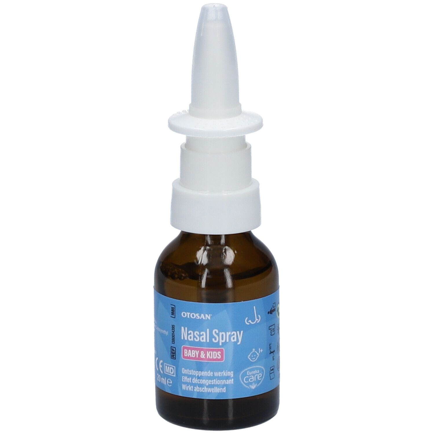 Bruine glazen fles met witte neusspray. Opschrift: Otosan Nasal Spray Baby & Kids.