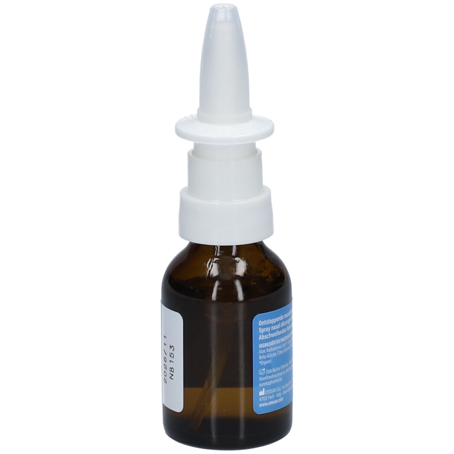 Bruine glazen fles met witte neusspray. Opschrift: Otosan Nasal Spray Baby & Kids. Etiket met lotnummer.