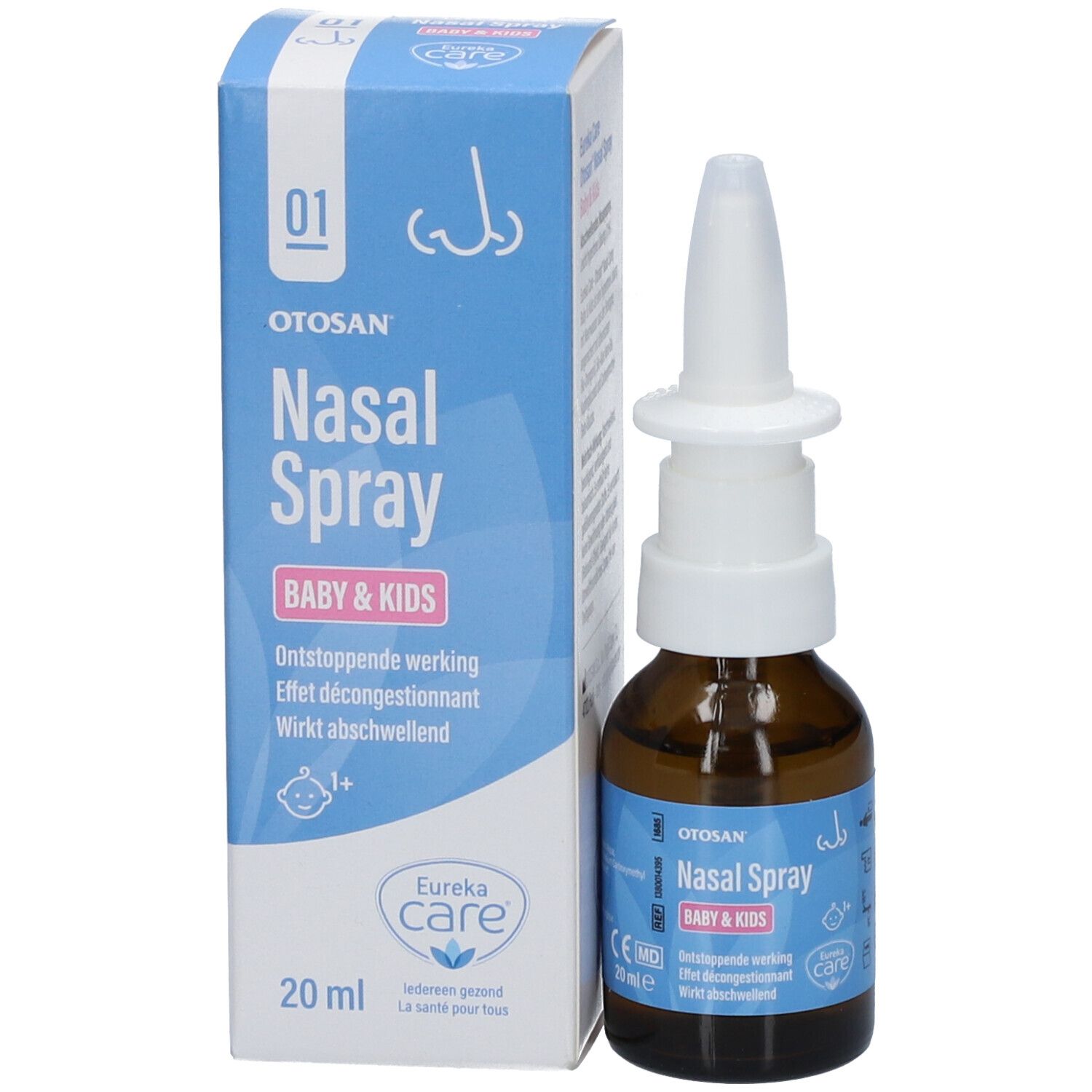 Otosan Nasal Spray Baby & Kids en verpakking. Fles en doos. Opschrift: 20 ml.