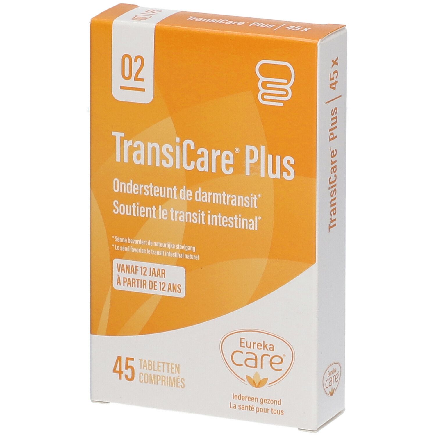 Oranje doos met witte achtergrond. Opschrift: TransiCare Plus, 45 tabletten. Merk: Eureka Care.