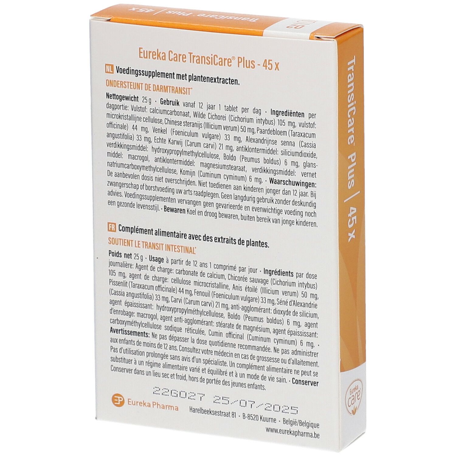 Achterkant van de doos TransiCare Plus. Tekst in het Duits, Frans en Nederlands. Ingrediënten en waarschuwingen.