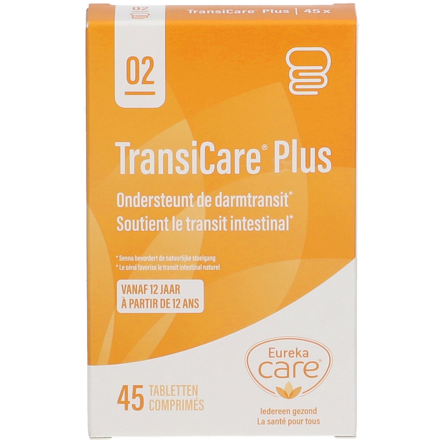 Oranje doos met witte achtergrond. Opschrift: TransiCare Plus, 45 tabletten. Merk: Eureka Care.
